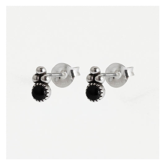 Silver Black Onyx Triple Bead Stud Earrings