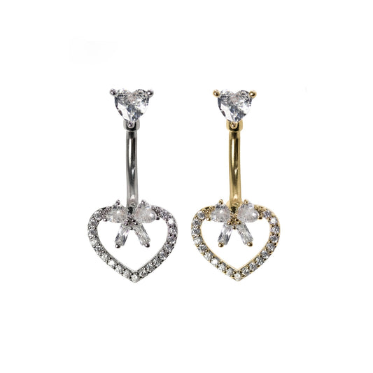 Steel Crystal Heart with Bow Detail Navel Bar