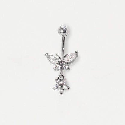 Steel Butterfly & Flower Dangle Belly Bar