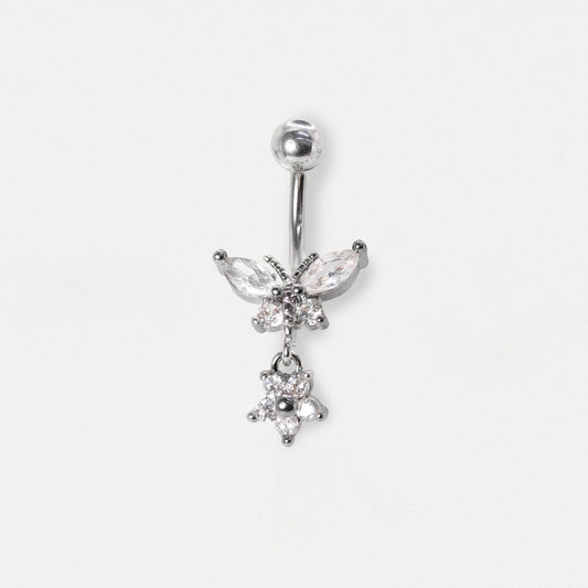 Steel Butterfly & Flower Dangle Belly Bar
