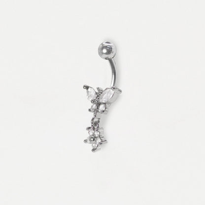 Steel Butterfly & Flower Dangle Belly Bar