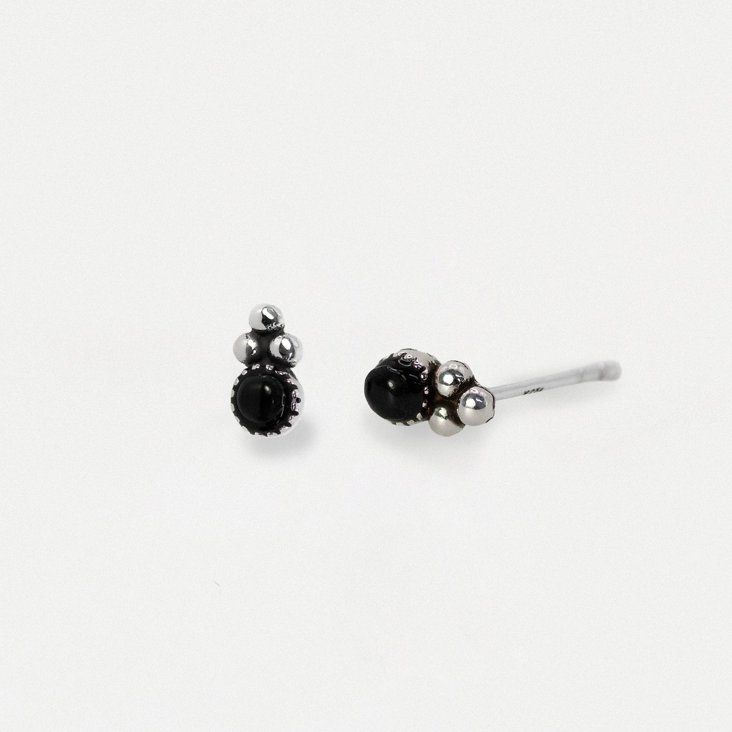 Silver Black Onyx Triple Bead Stud Earrings