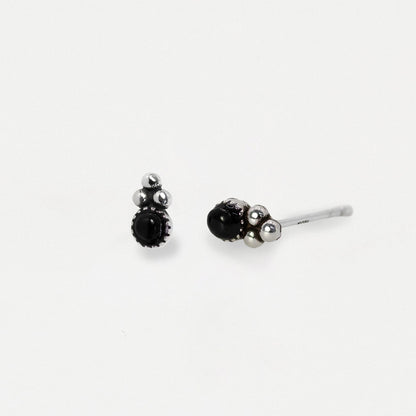 Silver Black Onyx Triple Bead Stud Earrings