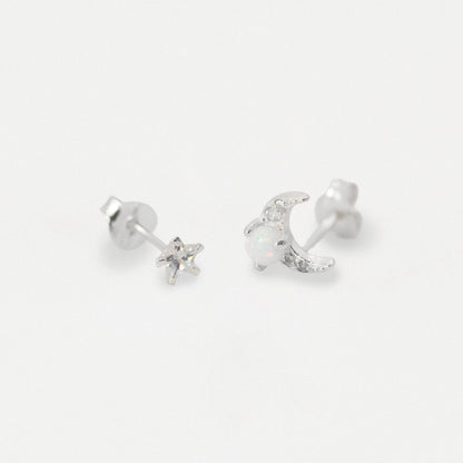 Silver Crystal Star & Pave Moon Opal Ear Studs