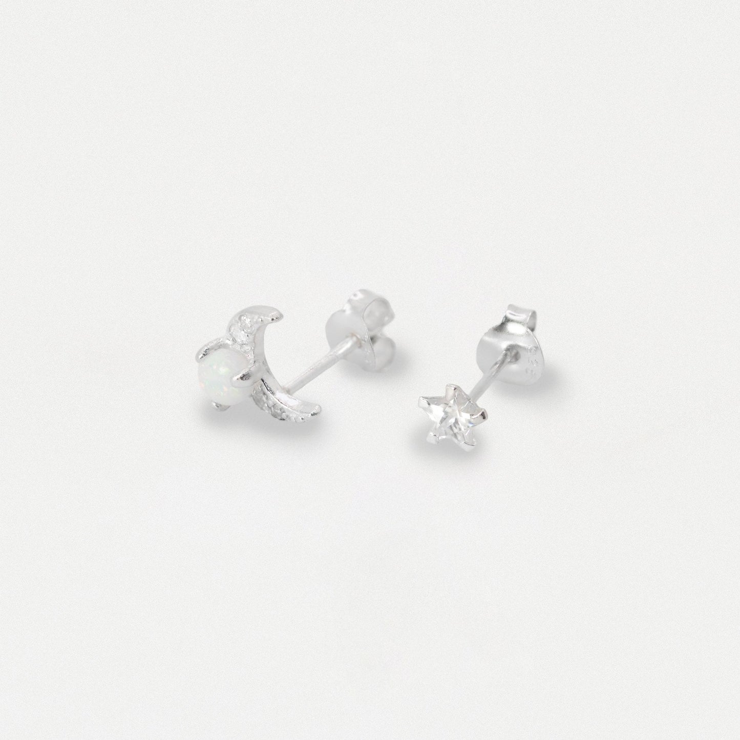 Silver Crystal Star & Pave Moon Opal Ear Studs