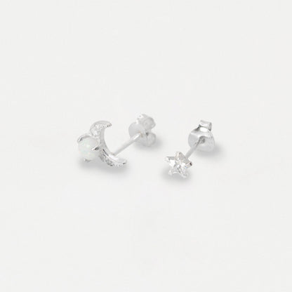 Silver Crystal Star & Pave Moon Opal Ear Studs