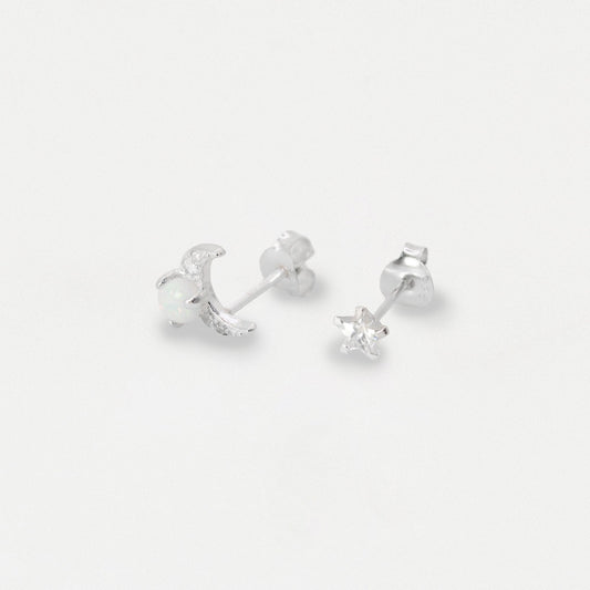 Silver Crystal Star & Pave Moon Opal Ear Studs
