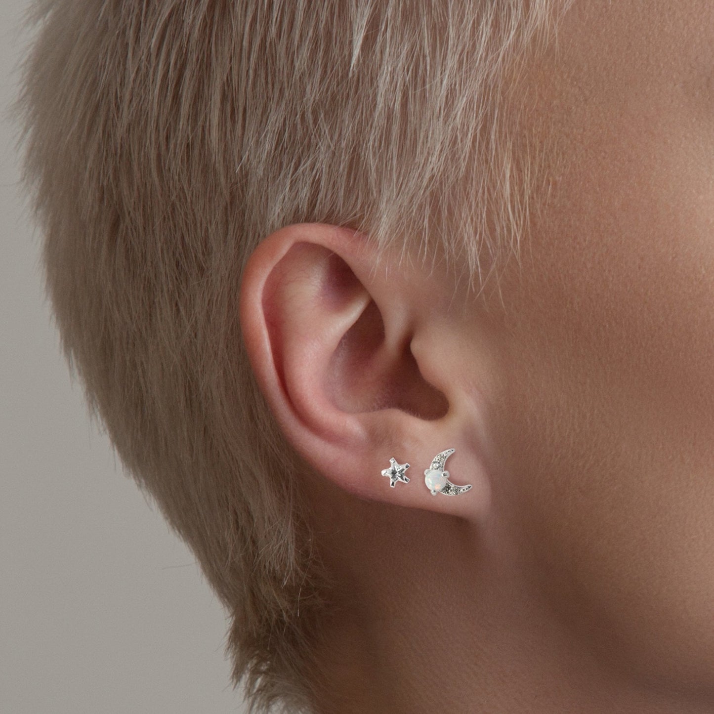 Silver Crystal Star & Pave Moon Opal Ear Studs