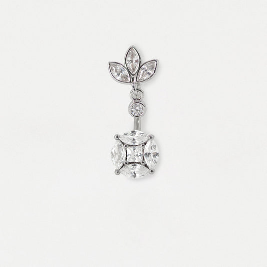 Steel Gemset Round & Lotus Charm Gem Navel Bar