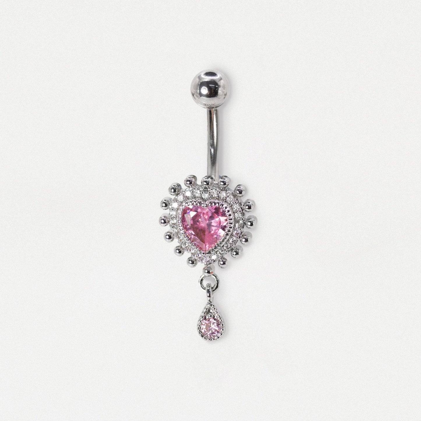 Steel Rose Gemset Heart & Teardrop Dangly Navel Bar