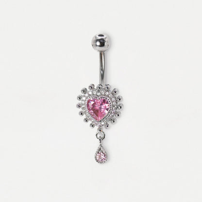 Steel Rose Gemset Heart & Teardrop Dangly Navel Bar