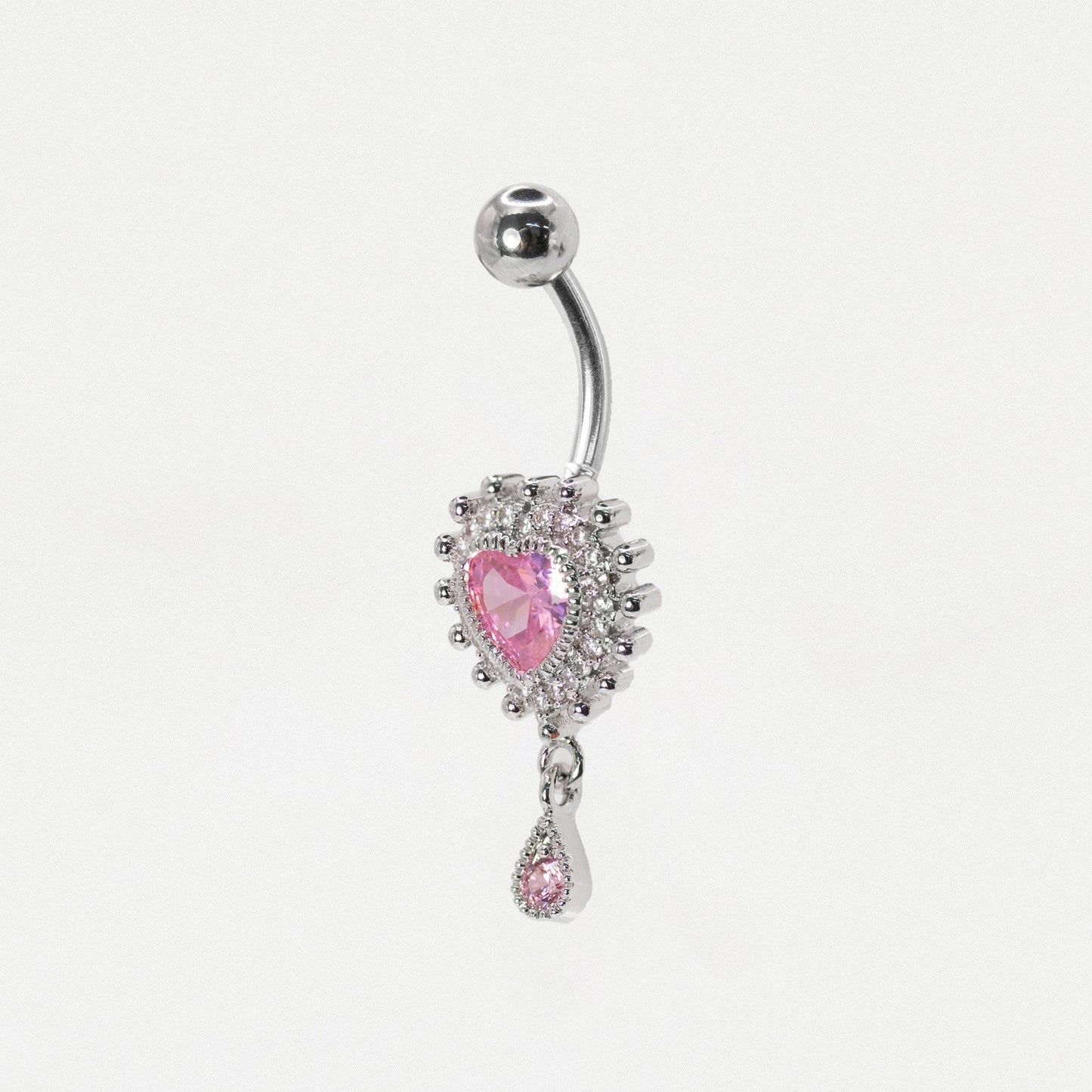 Steel Rose Gemset Heart & Teardrop Dangly Navel Bar