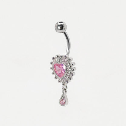 Steel Rose Gemset Heart & Teardrop Dangly Navel Bar
