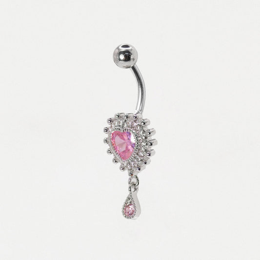 Steel Rose Gemset Heart & Teardrop Dangly Navel Bar