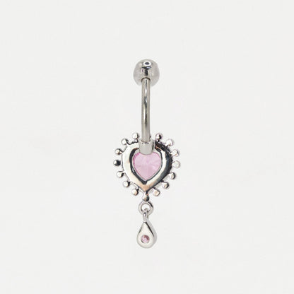 Steel Rose Gemset Heart & Teardrop Dangly Navel Bar