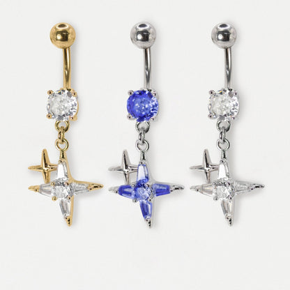 Steel Gemset Double Sparkle Star Drop Navel Bar