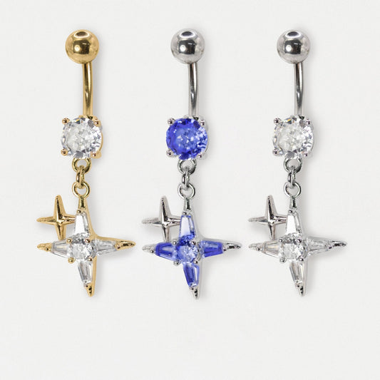 Steel Gemset Double Sparkle Star Drop Navel Bar