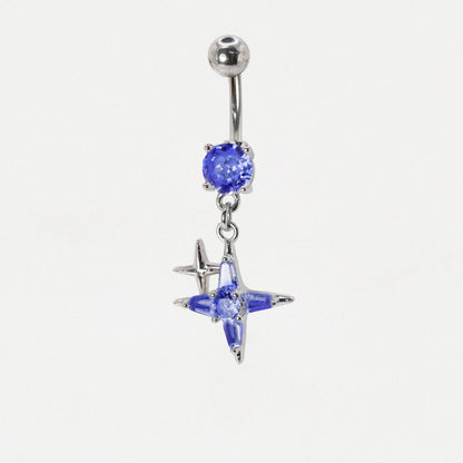 Steel Gemset Double Sparkle Star Drop Navel Bar