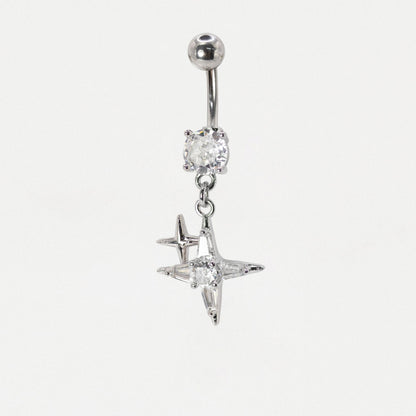 Steel Gemset Double Sparkle Star Drop Navel Bar