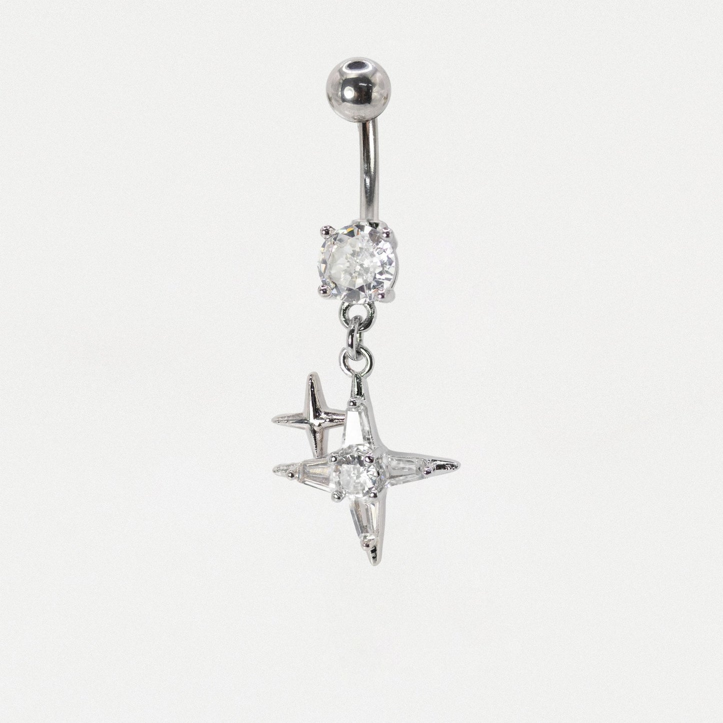 Steel Gemset Double Sparkle Star Drop Navel Bar
