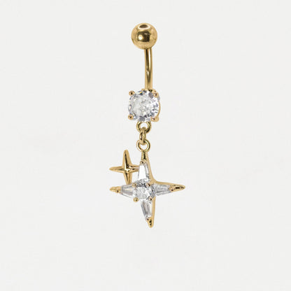 Steel Gemset Double Sparkle Star Drop Navel Bar