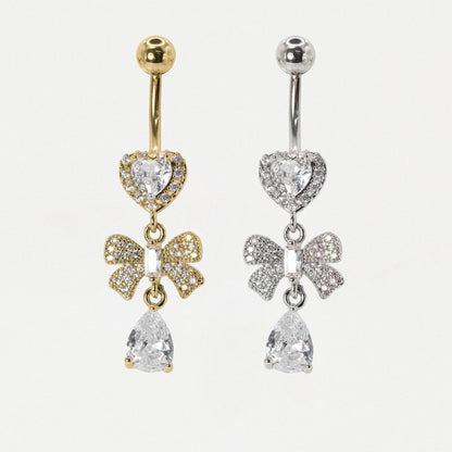 Steel Crystal Heart & Bow Dangly Belly Bar