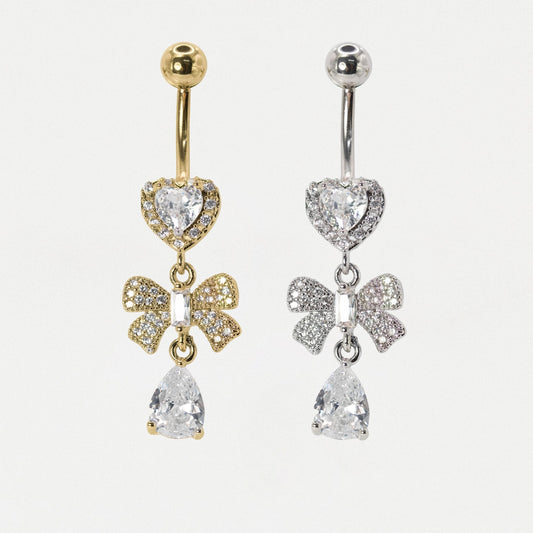 Steel Crystal Heart & Bow Dangly Belly Bar