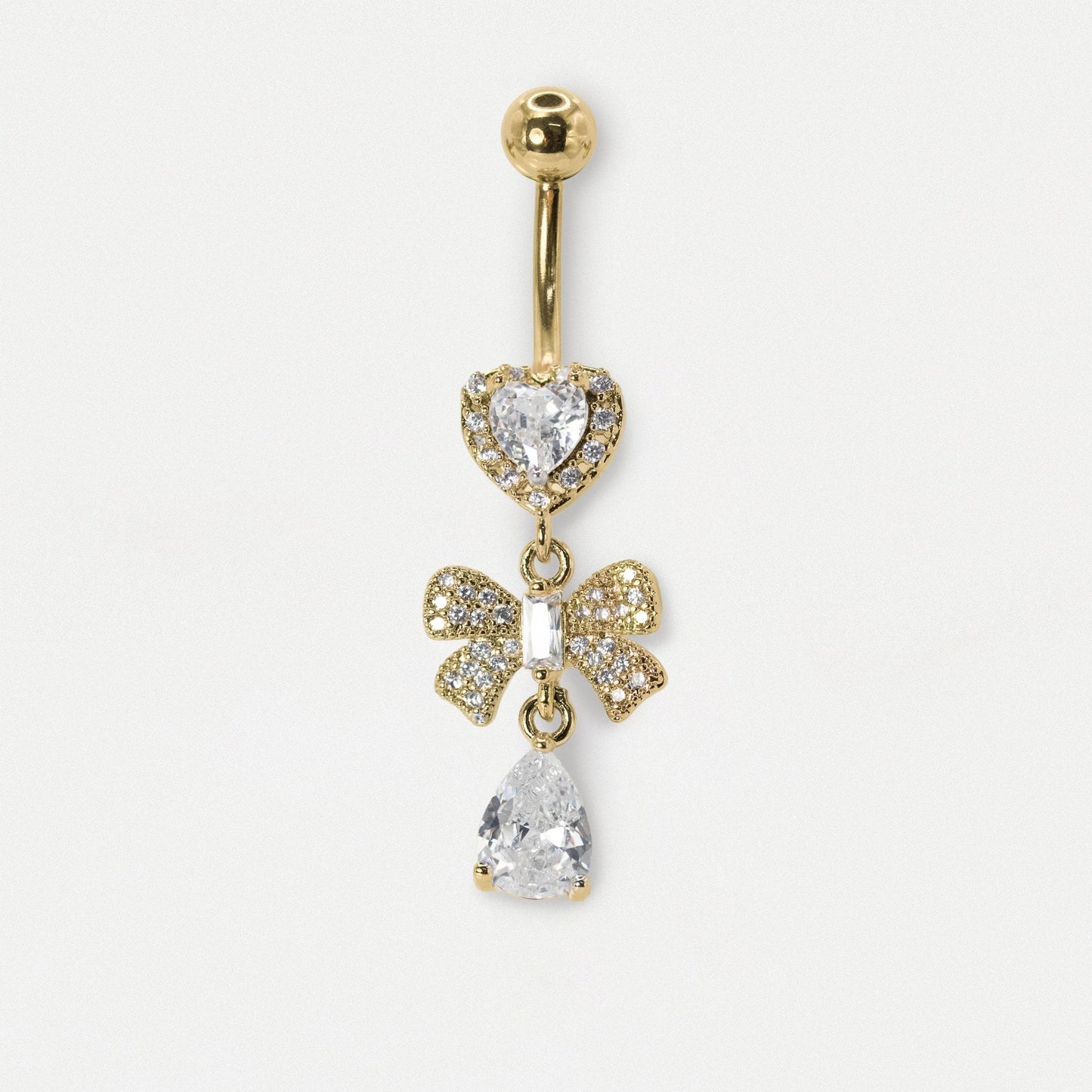 Steel Crystal Heart & Bow Dangly Belly Bar