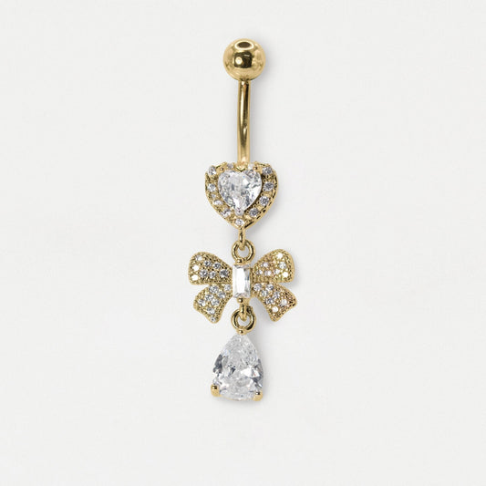 Steel Crystal Heart & Bow Dangly Belly Bar