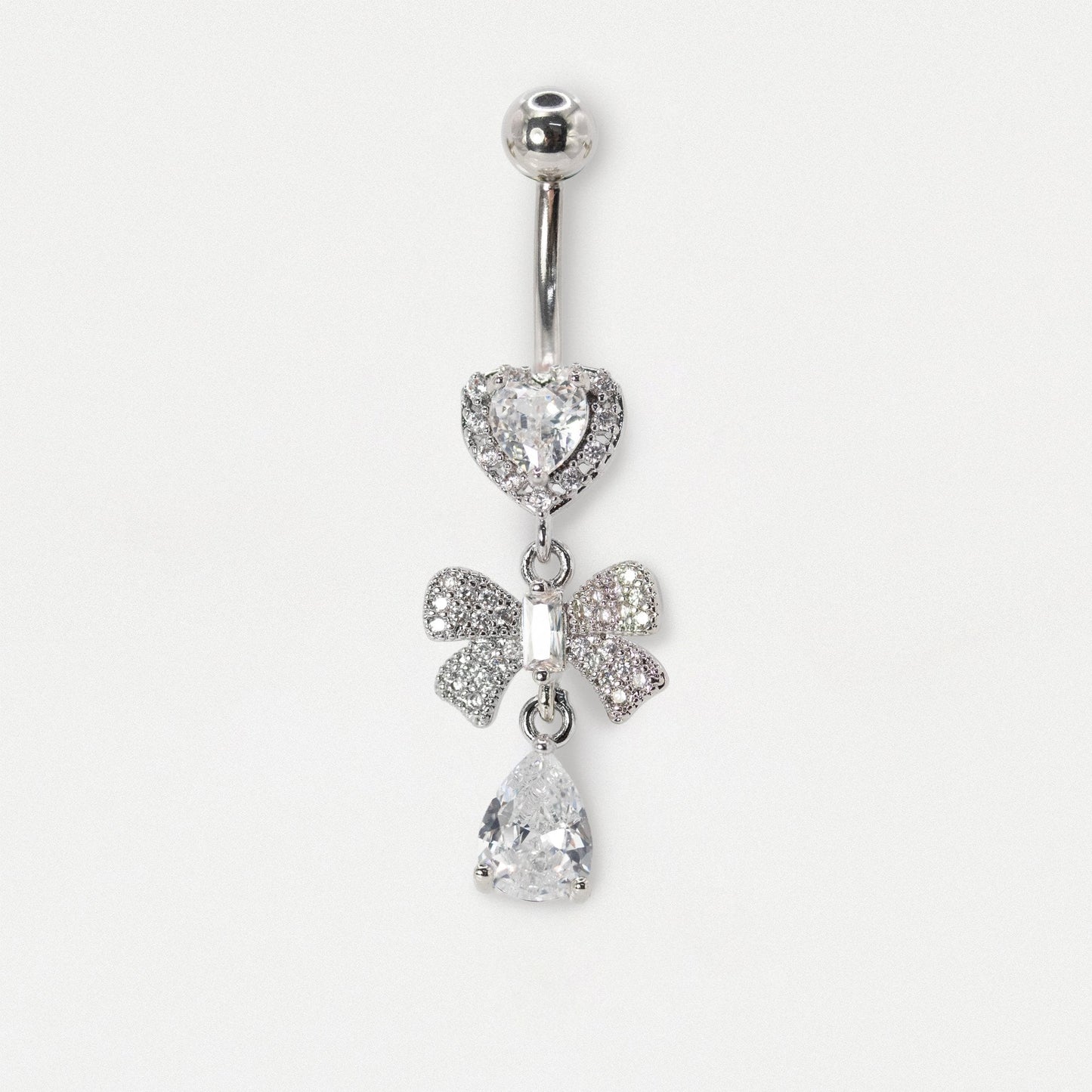 Steel Crystal Heart & Bow Dangly Belly Bar
