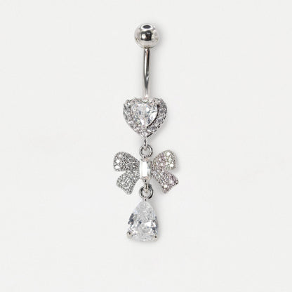 Steel Crystal Heart & Bow Dangly Belly Bar