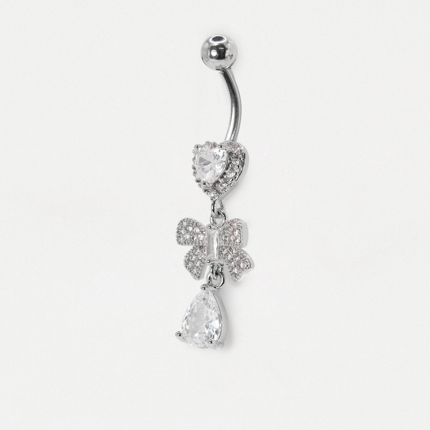 Steel Crystal Heart & Bow Dangly Belly Bar
