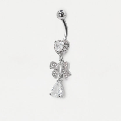 Steel Crystal Heart & Bow Dangly Belly Bar