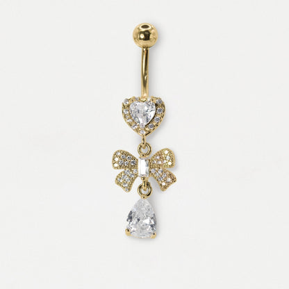 Steel Crystal Heart & Bow Dangly Belly Bar
