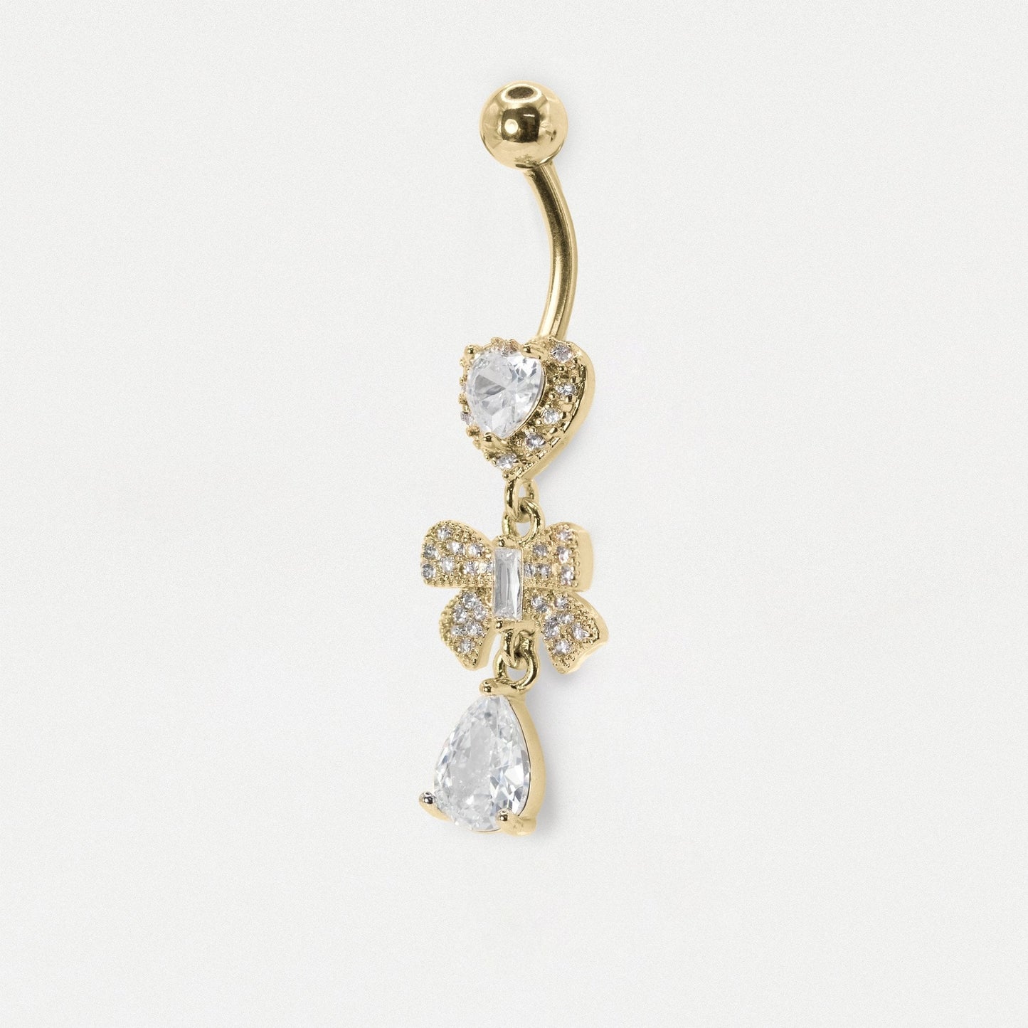 Steel Crystal Heart & Bow Dangly Belly Bar