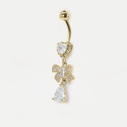 Steel Crystal Heart & Bow Dangly Belly Bar