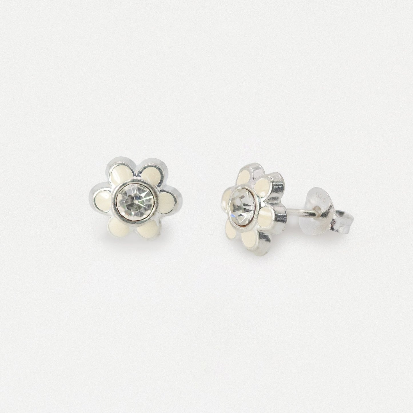 Silver Crystal Enamel Daisy Ear Studs - 8mm