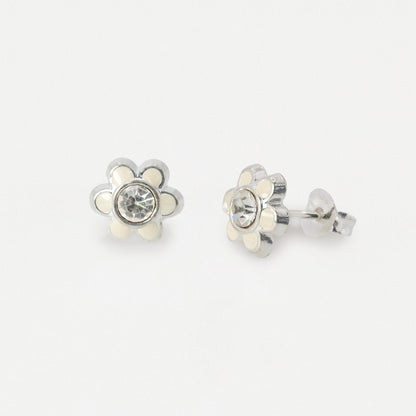 Silver Crystal Enamel Daisy Ear Studs - 8mm