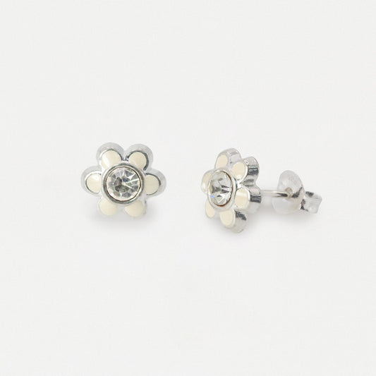 Silver Crystal Enamel Daisy Ear Studs - 8mm