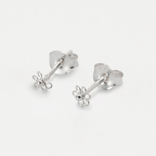 Silver Tiny Wire Flower Ear Studs - 4mm