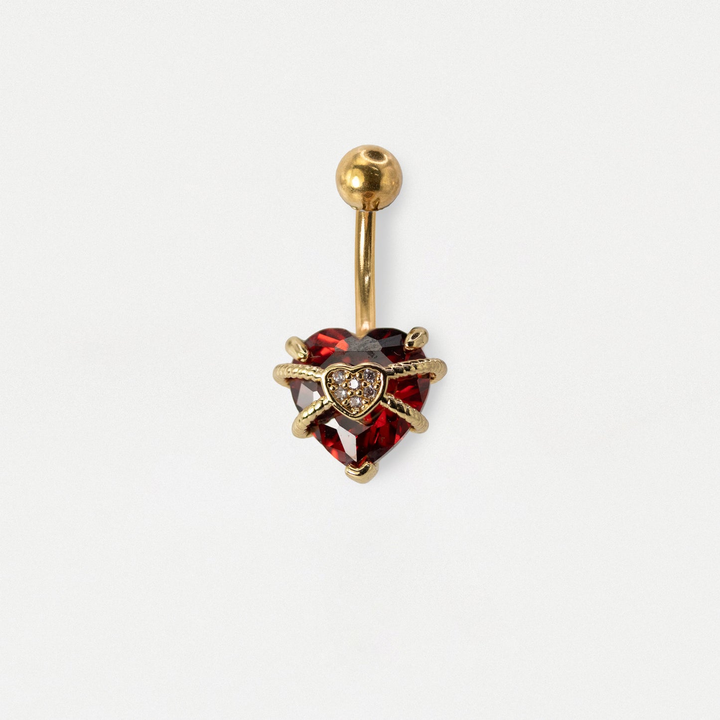 Gold PVD Steel Ruby & Crystal Pavé Double Heart Belly Bar