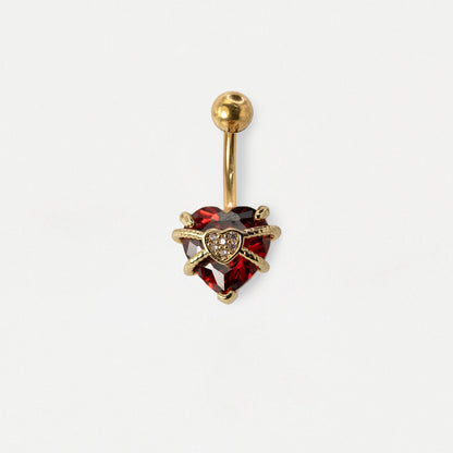 Gold PVD Steel Ruby & Crystal Pavé Double Heart Belly Bar