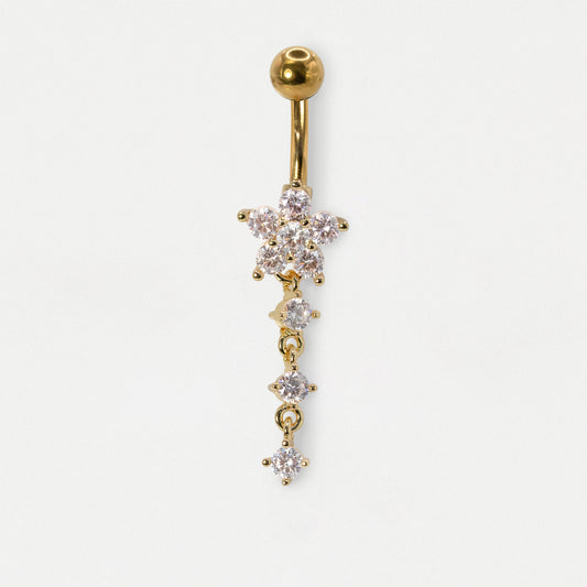 Gold PVD Steel Crystal Flower & Cascading Dangle Belly Bar