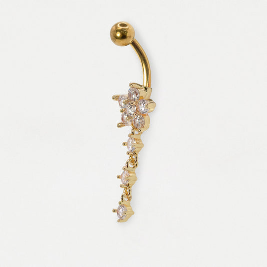 Gold PVD Steel Crystal Flower & Cascading Dangle Belly Bar