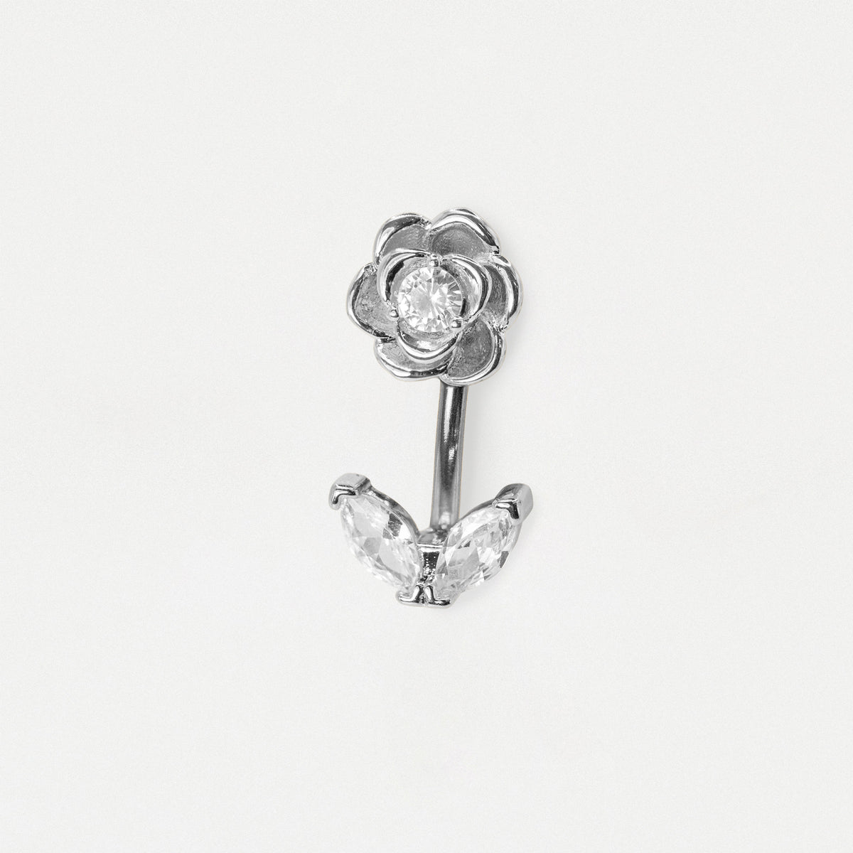 Front image of a 316L Grade Steel floral belly bar featuring a rose top with a clear crystal center and twin marquise crystal bottom petals by Kingsley Ryan Wholesale