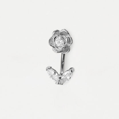 Front image of a 316L Grade Steel floral belly bar featuring a rose top with a clear crystal center and twin marquise crystal bottom petals by Kingsley Ryan Wholesale