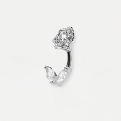 Side image of a Steel floral belly bar with a rose top with a clear crystal center and twin marquise crystal bottom petals by Kingsley Ryan Wholesale