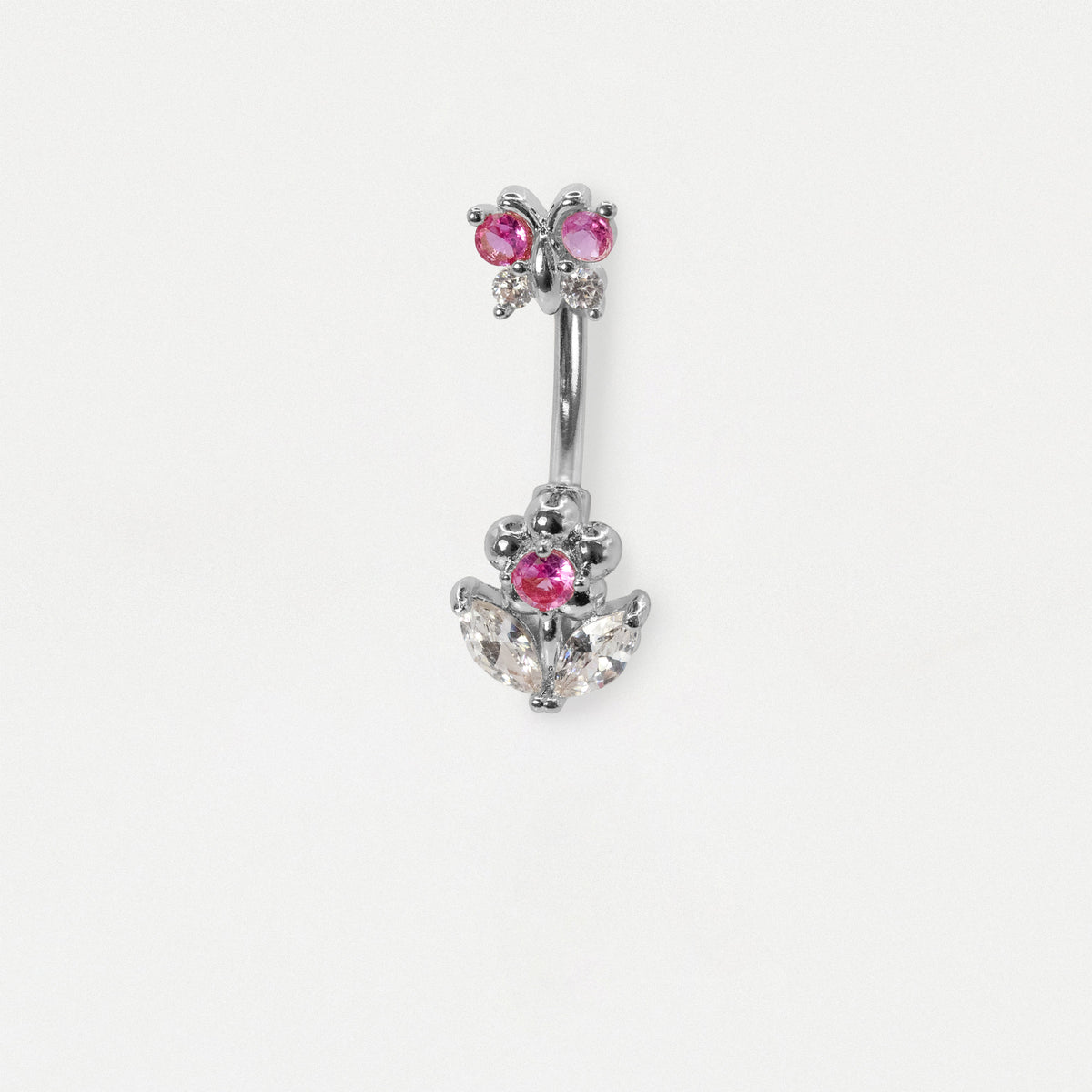 Steel navel belly bar featuring a butterfly top and a flower design set with clear and fuchsia crystal gemstones by Kingsley Ryan Wholesale