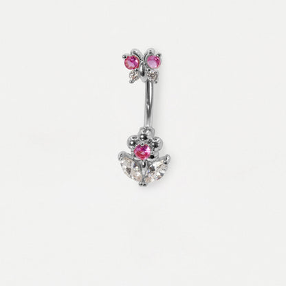 Steel navel belly bar featuring a butterfly top and a flower design set with clear and fuchsia crystal gemstones by Kingsley Ryan Wholesale