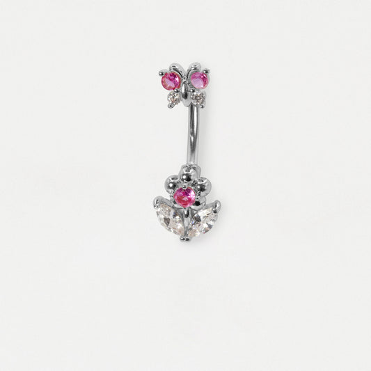Steel navel belly bar featuring a butterfly top and a flower design set with clear and fuchsia crystal gemstones by Kingsley Ryan Wholesale